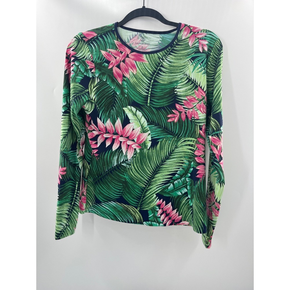 Lands End Womens Tropical Palm Rash Guard Long Sleeve Swim Shirt Small 6-8